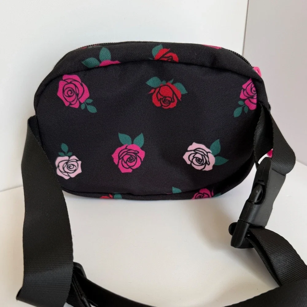 Girls Fanny Pack Black Floral Rose Waist Bag Belt purse coquette festival travel